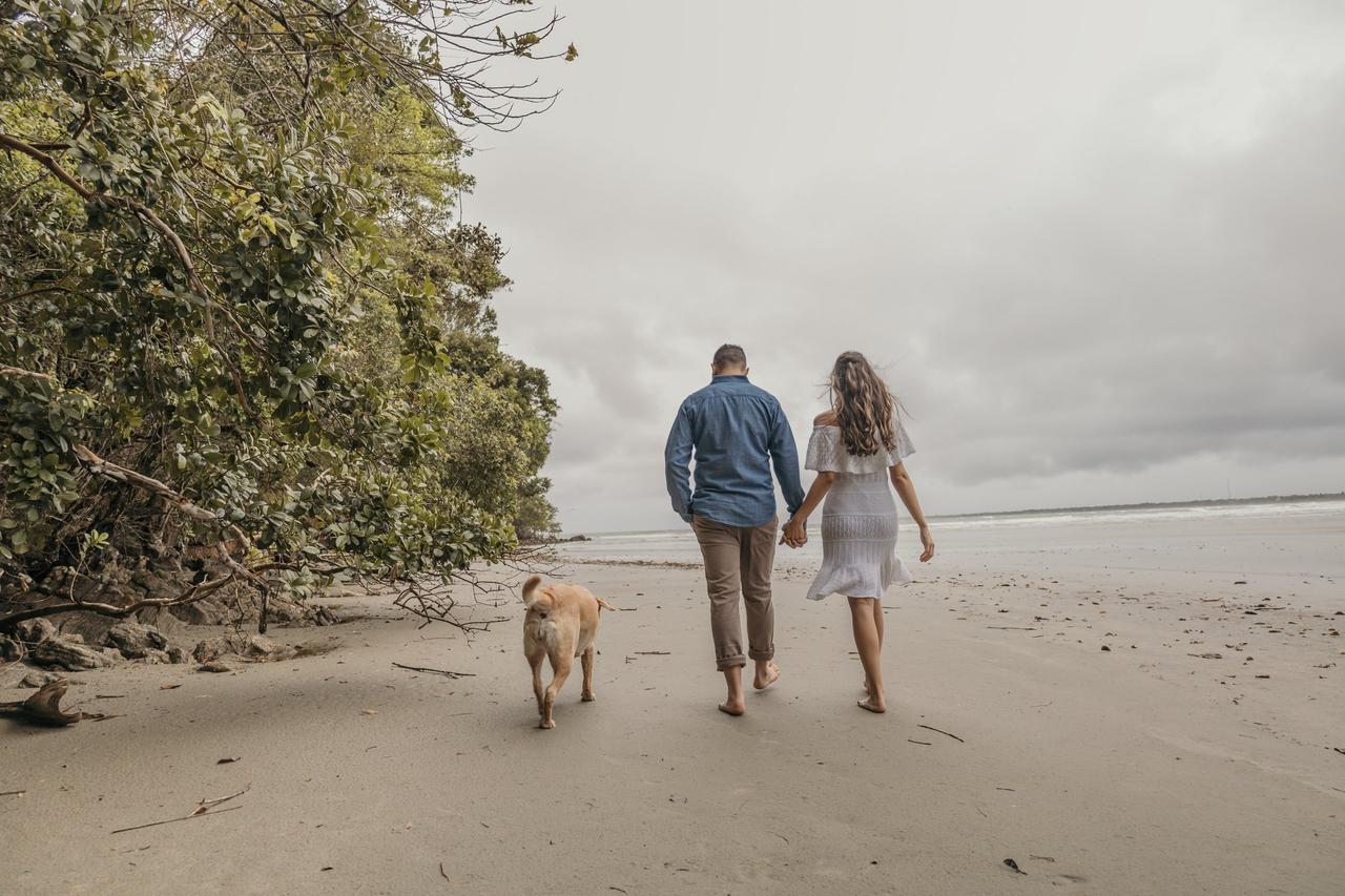 Terapia de casal  casal andando na praia com o cachorro