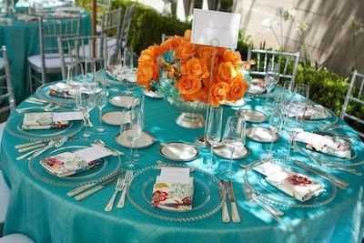 Sugestão: casamento turquesa e coral (mesa convidados)
