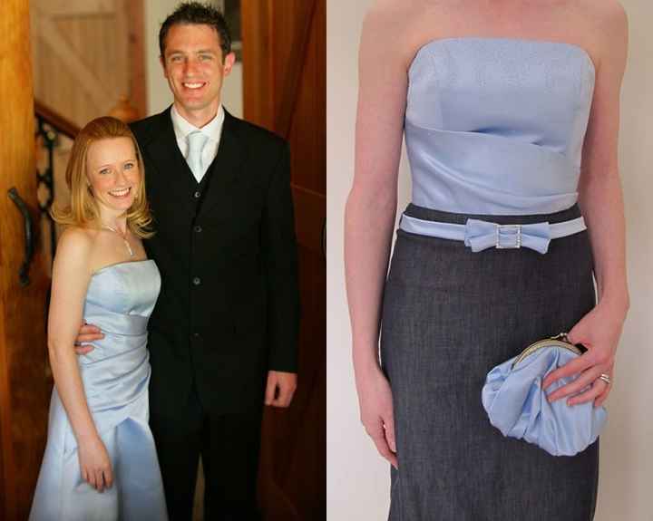 O vestido de seda de Tash foi modificado para virar uma peça tomara-que-caia com jeans, um cinto e u
