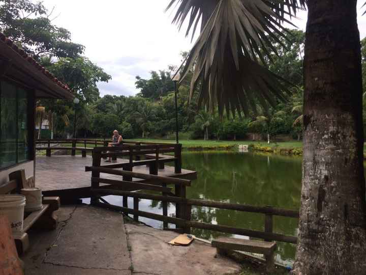 Vista do fundo da cozinha para o deck e lago