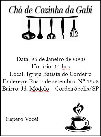 Convite do chá de cozinha, irei colocar no envelope.