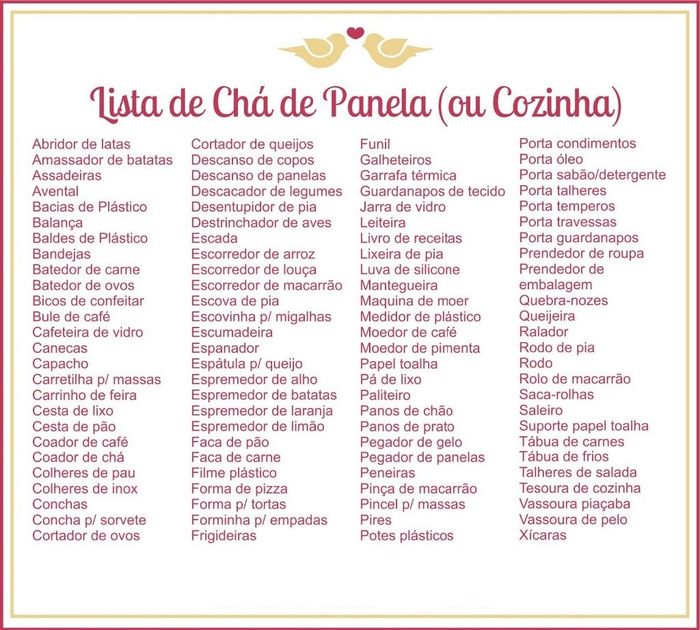 Lista de chá de cozinha