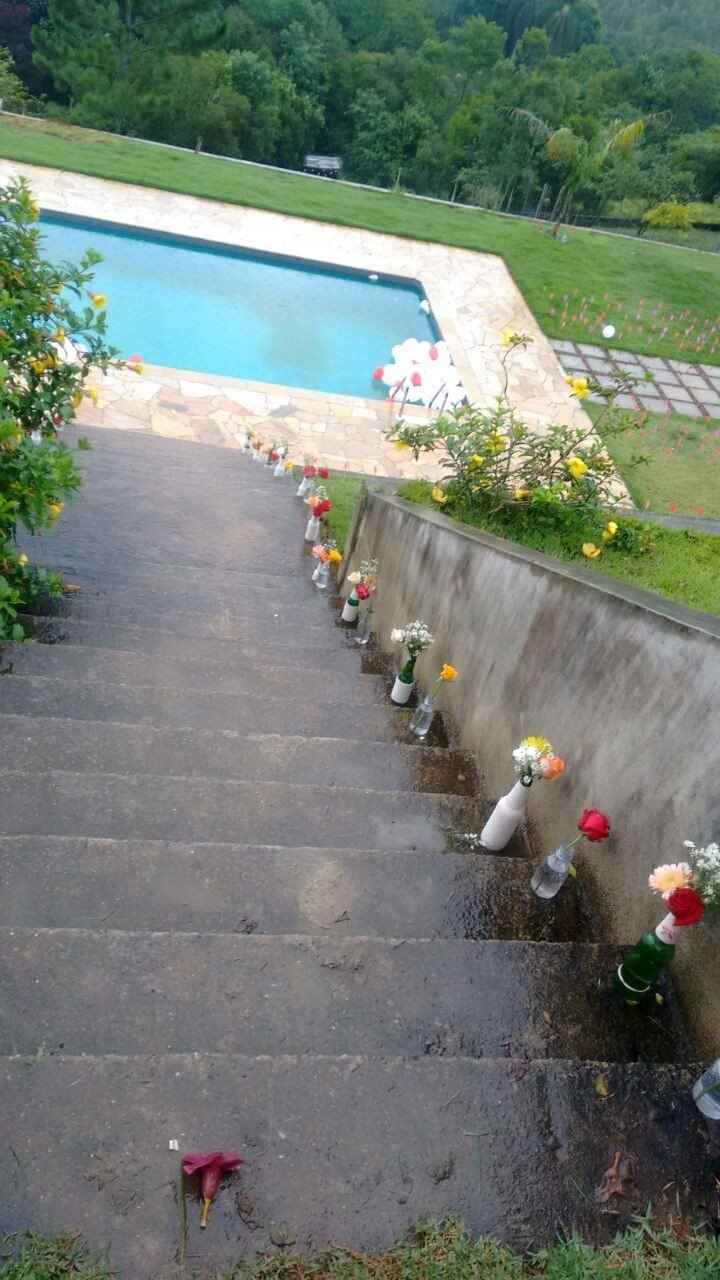 as garrafinhas com flores na escada 