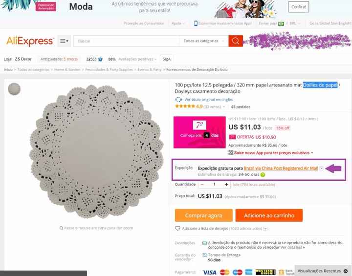 Expedição (frete) do Aliexpress
