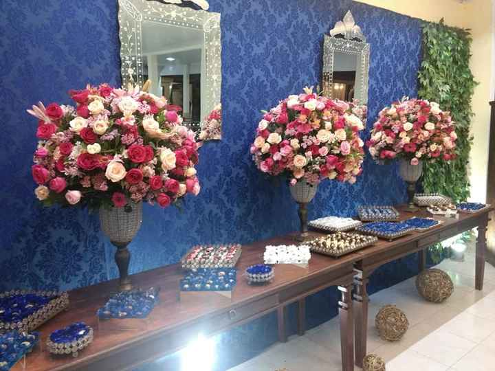 Painel azul e flores rosa chá 
