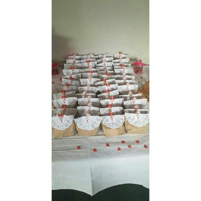 As lembrancinhas foram saquinhos com suspiros, comprei os suspiros, os saquinhos, o papel branco e o