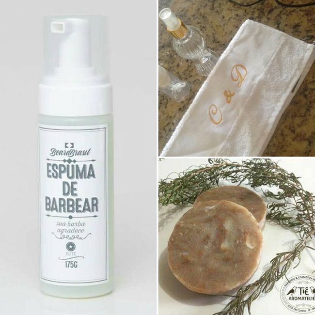 Produtos artesanais para os padrinhos: Espuma de barbear, toalhinha com nossas iniciais e sabonete d