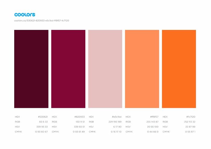 Minha Paleta de cores - Marsala + Vinho + Rosa Chá + Pêssego + Laranja