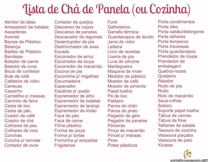 Lista para chá de cozinha