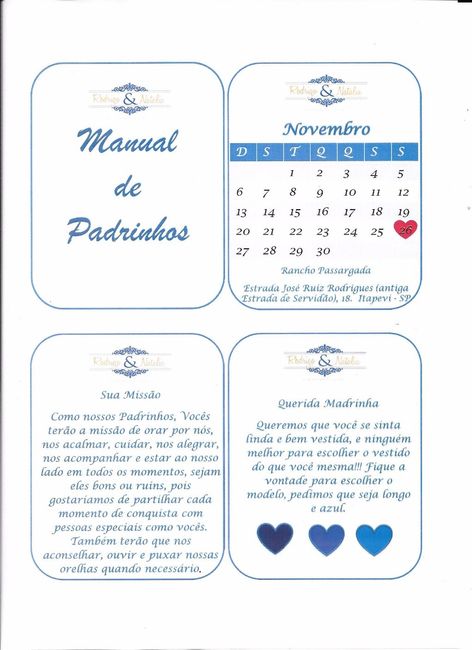 capa, calendário, missão e Vestido da madrinha