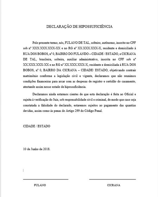 Declaração para quem quer casar de graça no civil - modelo 