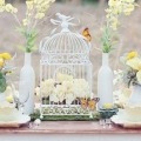 Velas, gaiola, garrafas e flores