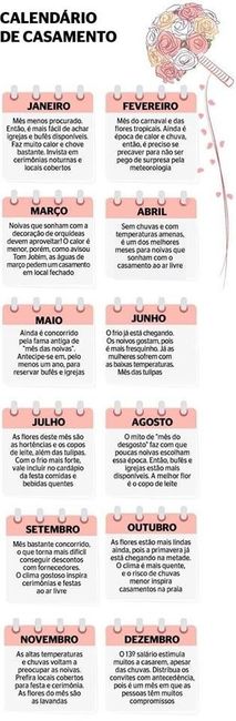 Calendario do mês de casamento.