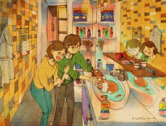Dar banho no gato juntos (pobre gato :) )