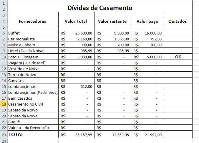 Planilha no EXCEL 