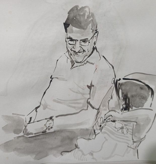 Venho de uma prática intensa do desenho de observação e me habituei a fazer retratos rápidos sem que