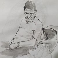 Venho de uma prática intensa do desenho de observação e me habituei a fazer retratos rápidos sem que