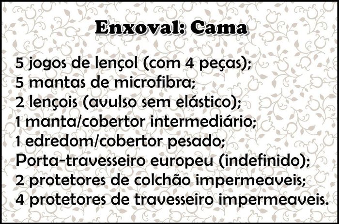 Lista de itens do enxoval de cama: Thamirys & Diego