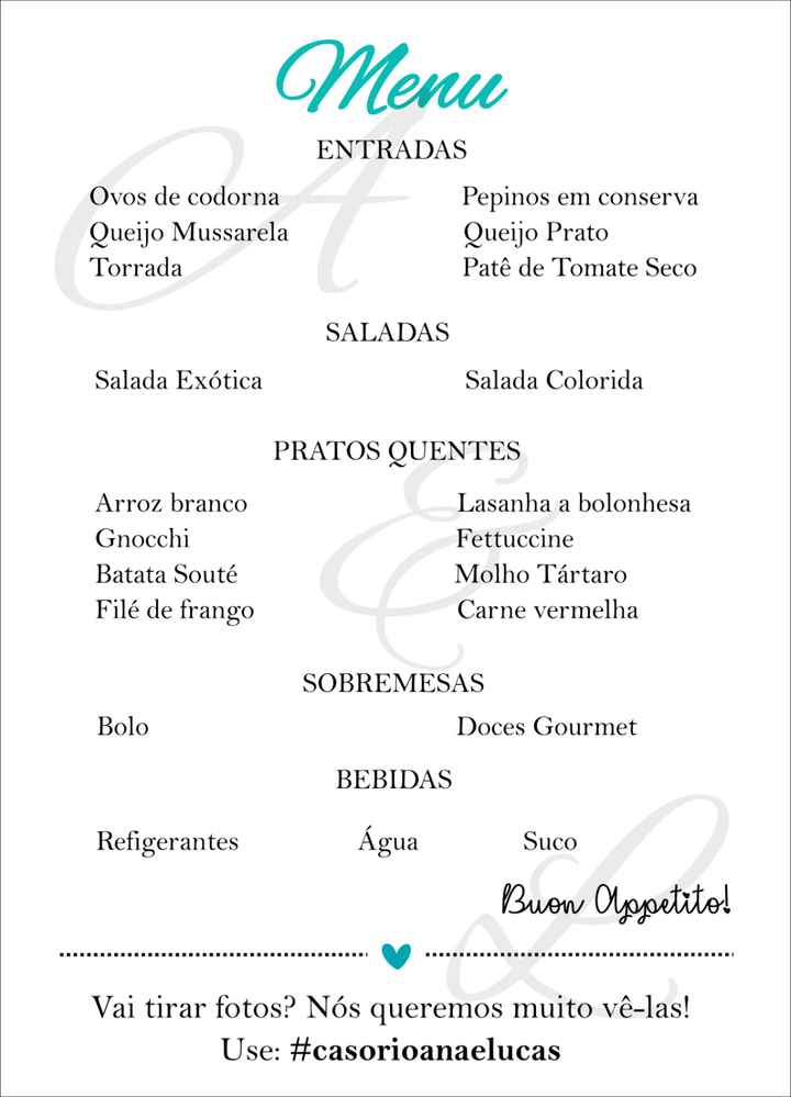 Menu para ir nas mesas