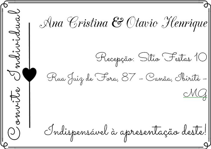 TAG - Convite Individual para Recepção (tamanho 4,4cm altura x 6,30cm largura)