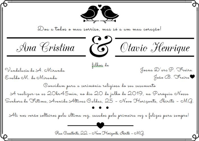 Convite Oficial (tamanho 19cm largura x 14cm altura)