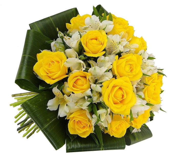 Buquet de rosas amarelas com astromélias brancas