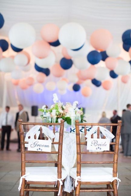 Decoração de casamento azul, branco e rosa com balões
