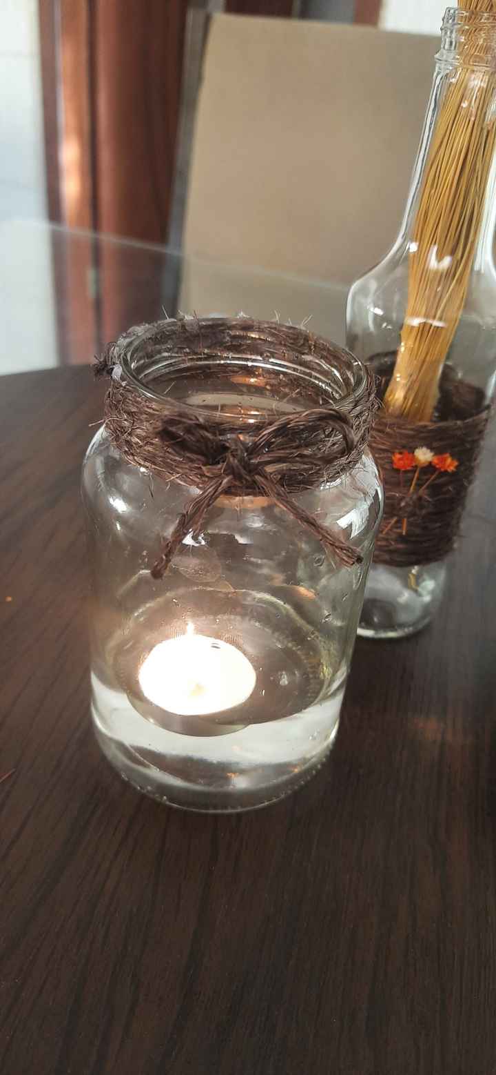 Centro de mesa diy - garrafinhas decoradas e pote com vela - 4