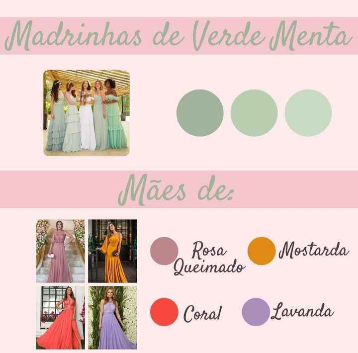 a Paleta de cores para as madrinhas será verde menta, qual cor melhor combina para a mãe dos noivos,