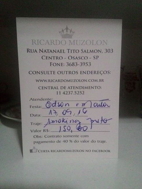 Cartão - aluguel roupa padrinho