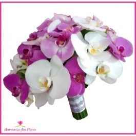 Buquê de Noiva de Orquídea Phalaenopsis Branca, Lilás e Pink