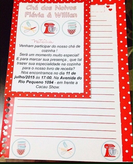 Convite e folha do caderno de receita feito por mim