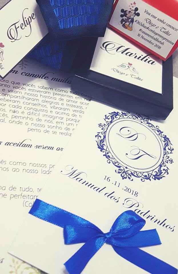 Convite, manual dos padrinhos, gravata, espelho de bolsa e um mini sonho (de comer mesmo)
