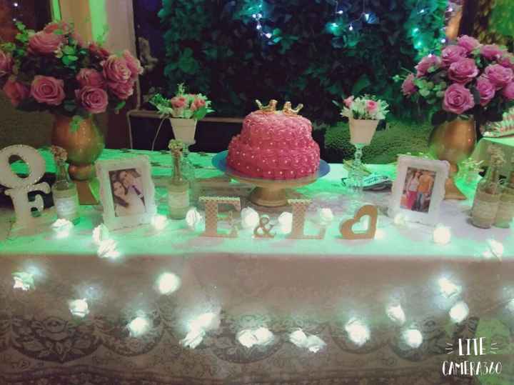 Mesa do bolo.Aluguei os arranjos de flores, o bolo foi encomendado. O muro inglês eu e o noivo coloc