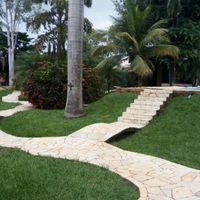 A parte externa é cheia dos caminhos e com muitas plantas (minha paixão), além de uma piscina para d