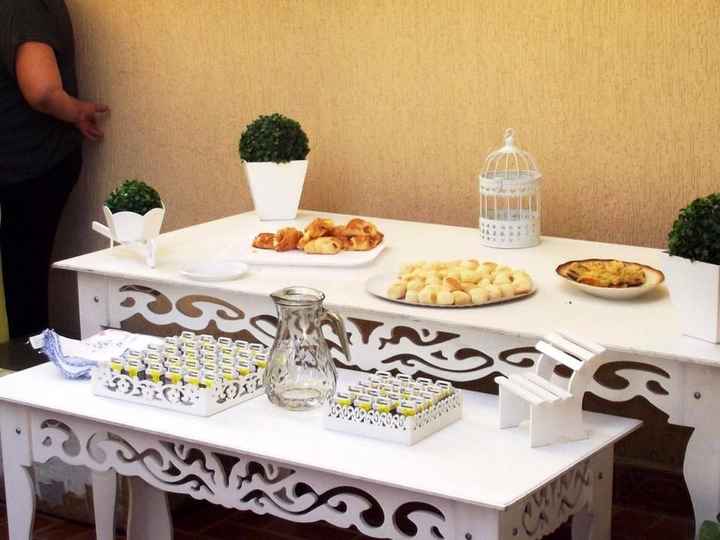 Mesa com as lembrancinhas e com os salgados que foram chegando dos convidados