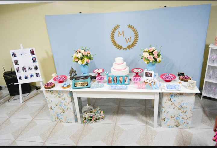 Mesa com os docinhos, e ao lado o nosso quadro, que praticamente nos que fizemos kkk 
