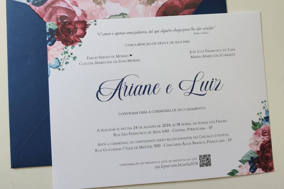 Convite Casamento Azul Marsala
