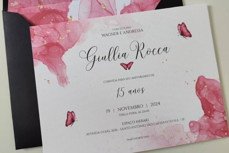 Convite 15 Anos Preto com Rosa
