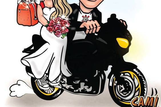 Caricatura noivos na moto