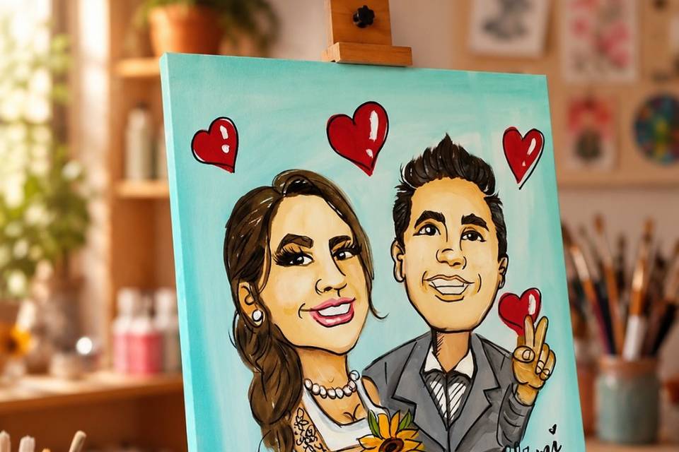 Caricatura noivos no quadro
