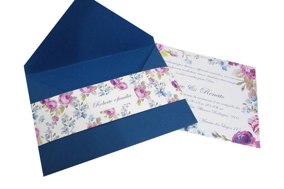 Convite azul e floral