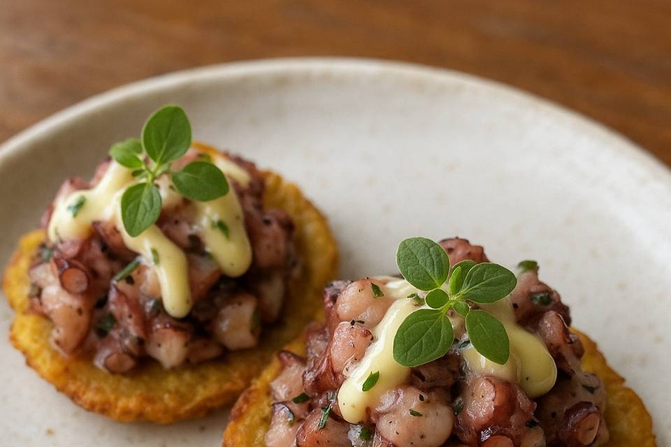 Patacones com tartar de Polvo