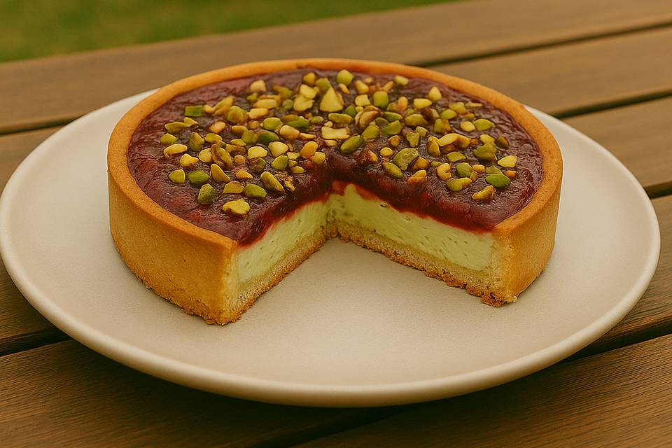 Torta pistache e frutas vermelhas