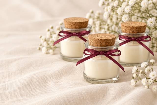 Velas com rolha e laços vinho