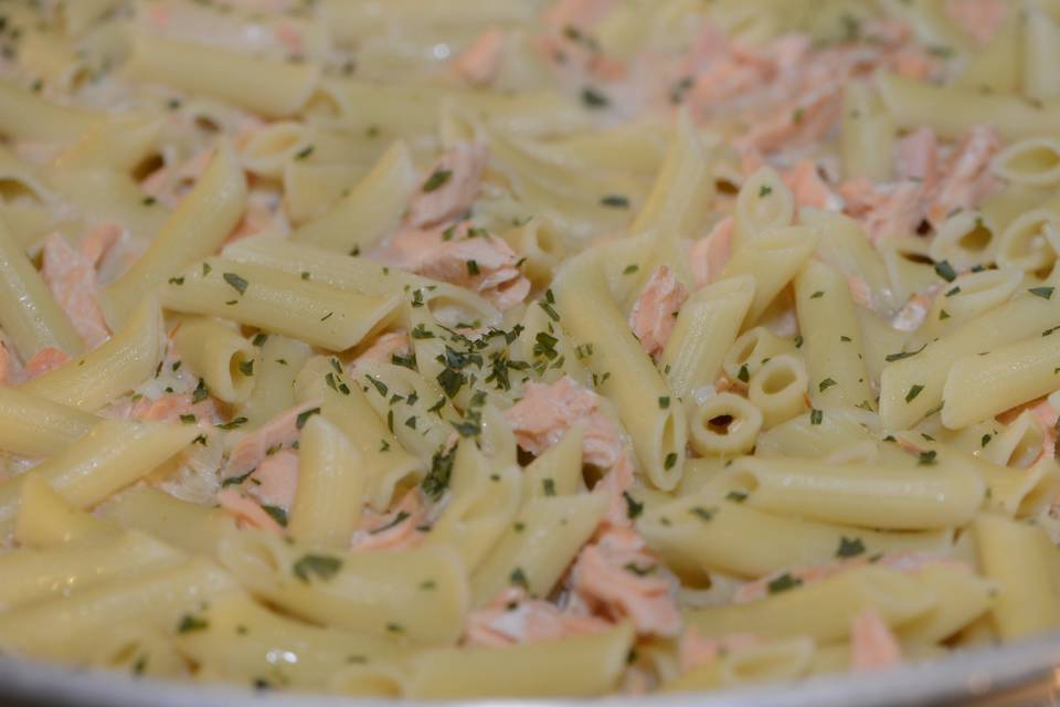 Penne com lascas de Salmão