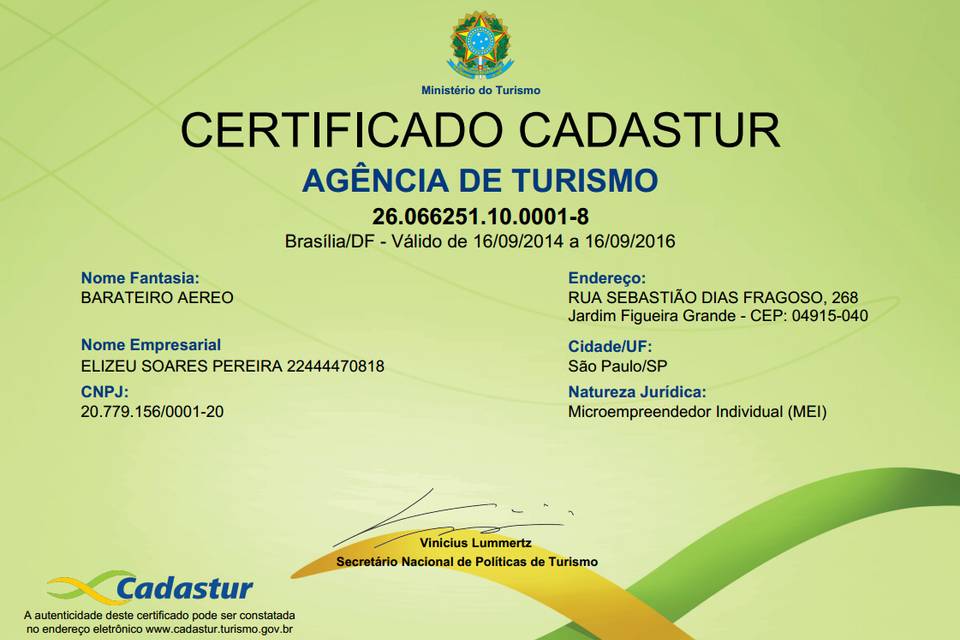 Certificado Embratur Cadastur