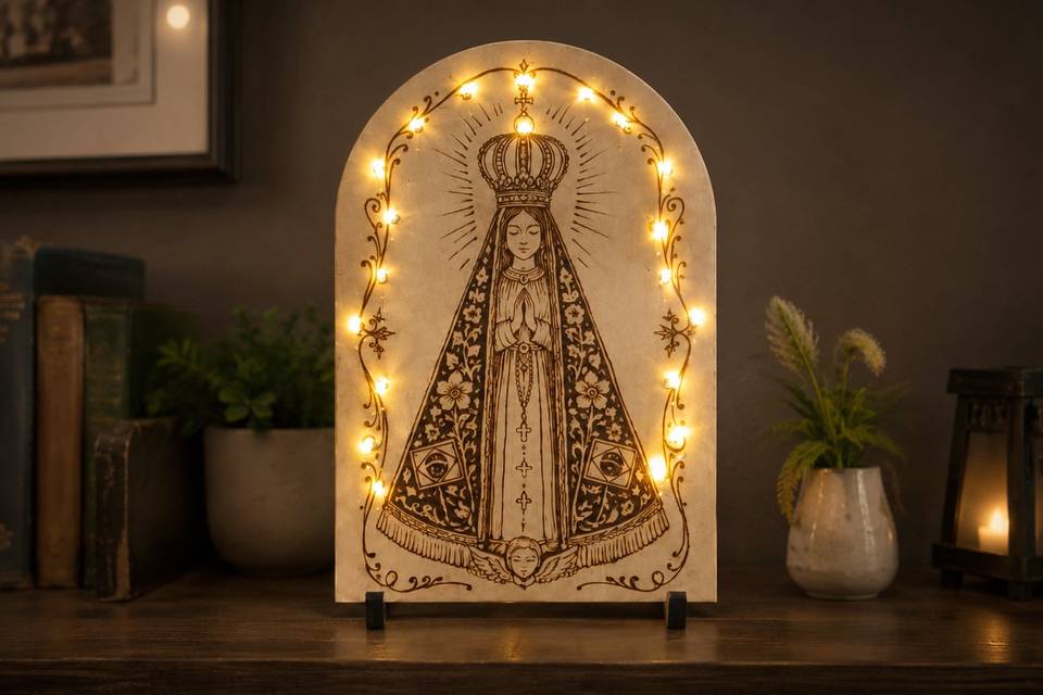 Quadro em pirografia e LED.
