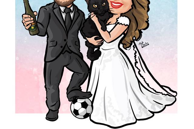 Caricatura de Noivos com Pet