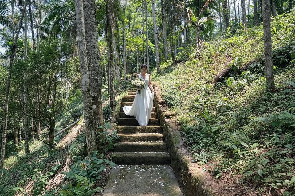 Escadaria com noiva em IA